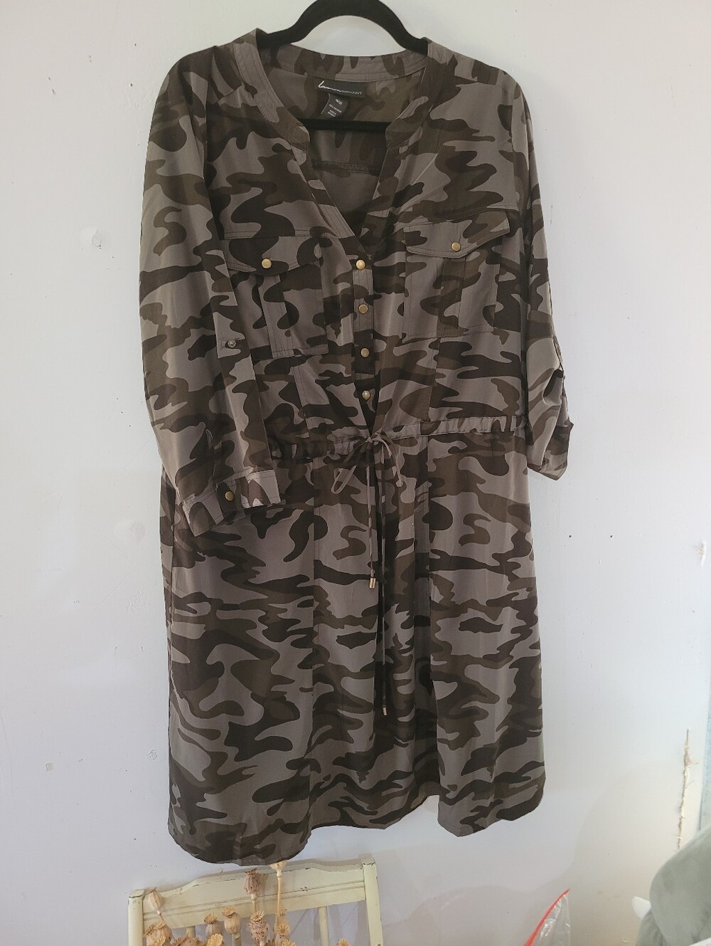 Lane Bryant 18/20 Olive Green Camo Drawstring Shirt Dress Long-sleeve